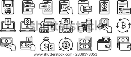 Fintech Payment and Banking Vector Icons Set with Credit Cards, Wallets, Cash, and Cryptocurrency Symbols