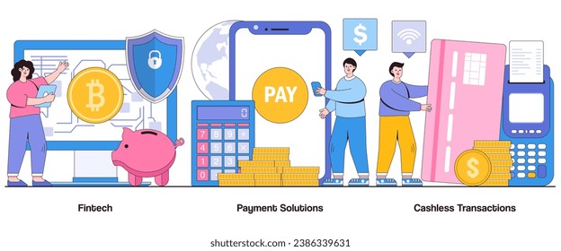 Fintech, payment solutions, cashless transactions concept with character. Business financial inclusion abstract vector illustration set. Mobile banking, digital wallets, payment revolution metaphor.