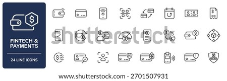 Fintech and Payments Line Icon Set with Editable Stroke. Collection of digital wallet, credit card, KYC, 2FA, chargeback, blockchain, crypto wallet, POS terminal, and banking security symbols.