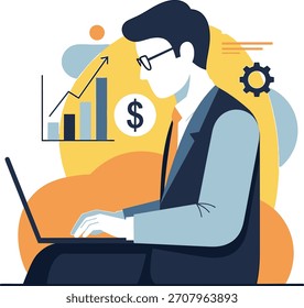 Profissional da FinTech trabalhando em um notebook com símbolos financeiros Ilustração de vetor | Gestão e estratégia de patrimônio