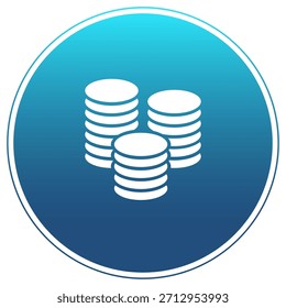 Ícone de economia FinTech: pilhas de vetor de moedas em um círculo, apresentando um fundo gradiente azul. Símbolo essencial para dinheiro, finanças, economia, investimento, riqueza e aplicativos bancários e carteiras digitais