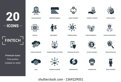 Fintech set icons collection. Includes simple elements such as Online Banking, Emerging Market, Direct Payment, Payment Gateway, Digital Native, Crowdfunding Platform and E-Banking premium icons.