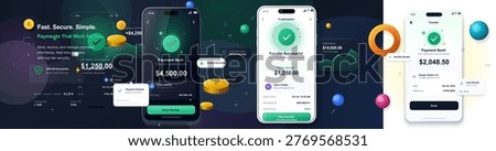 Fintech smartphone payment interface set with transfer confirmation screens, receipt cards, coins, and glowing analytics on dark background.A payment was processed successfully, confirmation shown. ok