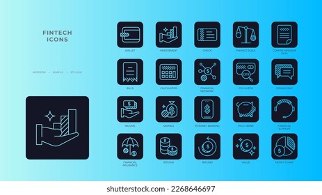 Fintech Startup Icons with black filled outline style