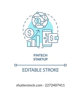 FinTech startup turquoise concept icon. Financial system. Best foundation industry abstract idea thin line illustration. Isolated outline drawing. Editable stroke. Arial, Myriad Pro-Bold fonts used