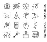 Fintech and Startup vector line icon set. Included the icons as unicorn, fintech, finance app, cryptocurrency and more.