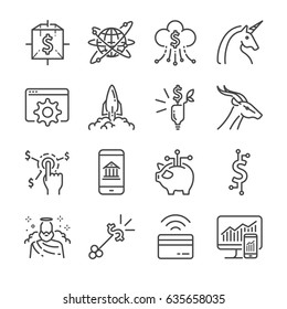 Fintech and Startup vector line icon set. Included the icons as unicorn, fintech, finance app, cryptocurrency and more.