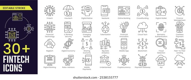 Coleções de ícones de Traço de Fintech. Contendo os ícones Fintech, Digital Native, Online Banking, Cloud Tech, Cashless Payment, fintech, Digital Economy e Mobile Payments. Coleção de ícones Traçado editável