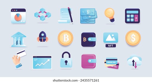Fintech symbols illustrations collection - Set of semi 3d vector graphics of financial technology themes, like money, banking, blockchain and crypto