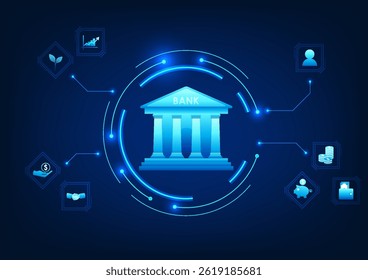 Fintech-Technologie, Bankwesen in Verbindung mit Anlagesymbolen, die die Transformation von Finanzdienstleistungen in das digitale Zeitalter widerspiegeln, Transaktionen, Investitionen und Vermögensverwaltung