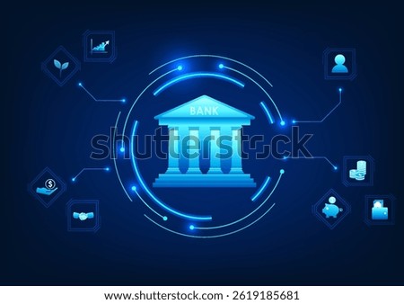 Fintech technology, banking connected to investment icons, reflecting the transformation of financial services to the digital age, transactions, investments and asset management
