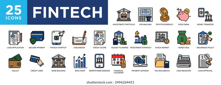 Fintech, technology, banking, financial, business, finance icon set. icons collection. Simple vector illustration