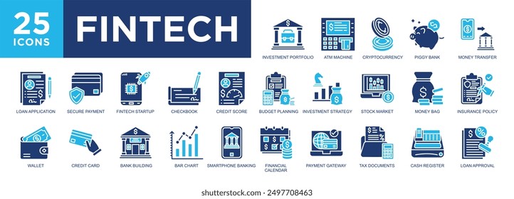  Fintech, technology, banking, financial, business, finance icon set. icons collection. Simple vector illustration