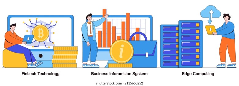 FinTech technology, business information system, edge computing concept with tiny people. IT infrastructure and technology integration vector illustration set. Payment processing, network metaphor.