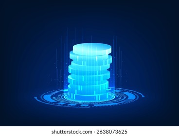 Fintech technology, digital coins projected as holograms, represent technologies that combine the financial world with virtual innovations, such as digital currencies, investment on digital platforms