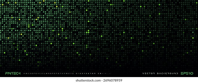 Fundo de dados digitais da tecnologia Fintech. Alfabeto de logotipo de fonte futurista. Grade verde de néon, quadrados de pixels brilhantes, padrão de matriz em gradiente escuro. Planos de fundo finech. Ilustração vetorial