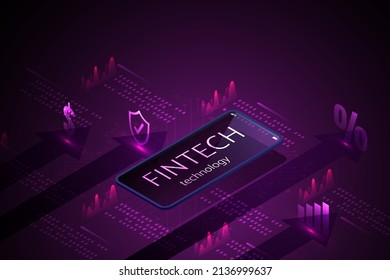 Fintech Technology electronic purchase and transaction for business via smartphone banking and financial icons. isometric vector illustration