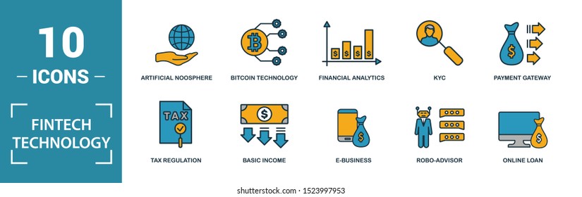 Fintech Technology icon set. Include creative elements basic income, bitcoin technology, online loan, kyc, business model icons. Can be used for report, presentation, diagram, web design.