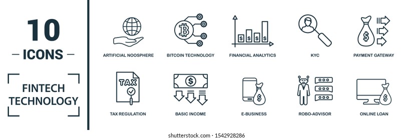 Fintech Technology icon set. Include creative elements basic income, bitcoin technology, online loan, kyc, business model icons. Can be used for report, presentation, diagram, web design.