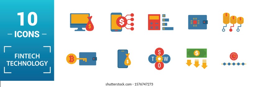 Fintech Technology icon set. Include creative elements basic income, bitcoin technology, online loan, kyc, business model icons. Can be used for report, presentation, diagram, web design.