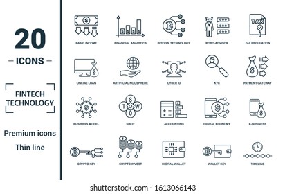 Fintech Technology icon set. Include creative elements basic income, bitcoin technology, online loan, kyc, business model icons. Can be used for report, presentation, diagram, web design.