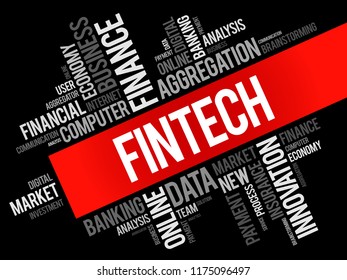 FINTECH - technology and innovation that aims to compete with traditional financial methods in the delivery of financial services, word cloud concept background