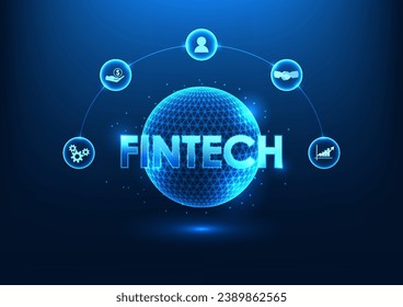 Fintech technology Fintech is inside the technology circle with finance icons. Shows financial institutions that have adopted technology. including the use of artificial intelligence