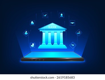 Fintech technology shows a smartphone projecting a holographic image of the bank and investment icons, conveying the message of accessible, fast and smart finance through cutting-edge innovation.
