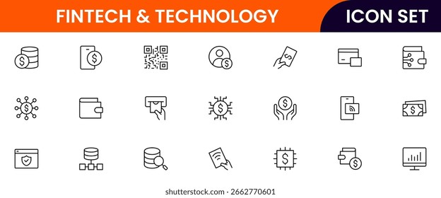 Fintech and Technology vector line icons featuring mobile banking, digital wallets, financial apps, blockchain, investments, transactions, analytics, security, and payment solutions.
