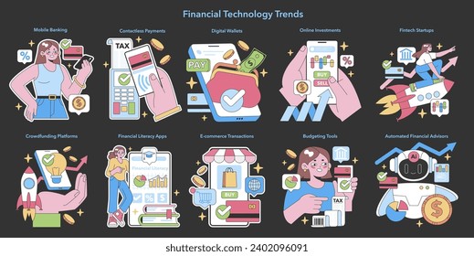 Fintech Trends set. Showcases modern financial services. Mobile banking, contactless payments, and investment apps. E-commerce and crowdfunding. Flat vector illustration.