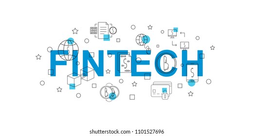 Fintech vector banner. Word with line icon. Vector background