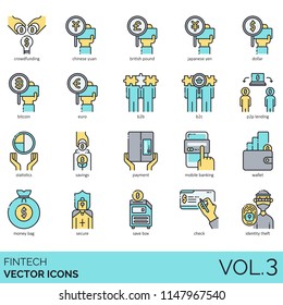 Conjunto de iconos de Vector Fintech. Crowdfunding, yuan chino, libra británica, yen japonés, dólar, bitcoin, euro, b2b, b2c, préstamos p2p, ahorros, pago, banca móvil, cartera, bolsa de dinero, robo de identidad.