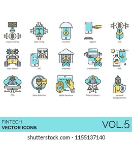 Fintech Vector Icon Set. Cryptocurrency, Mining, Insurtech, Regtech, Robo Advisor, Unbanked, Underbanked, Fraud Detection, Digital Signature, Industry, Personal Data Protection.