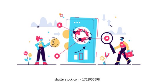 Fintech vector illustration. Flat financial technology and tiny people concept. Cyberspace banking method with smartphones for mobile banking, investing services and cryptocurrency. Economy money transfer