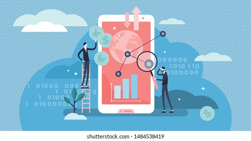 Ilustración vectorial de Fintech. El concepto de persona de tecnología financiera diminuta y plana. Método bancario del ciberespacio con smartphones para banca móvil, servicios de inversión y criptomoneda. Transferencia de dinero de la economía