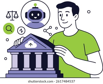 Fintech Vector Illustration: Man, Robot, and Digital Banking.