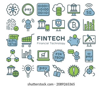 FINTECH vector line colorful icon set.