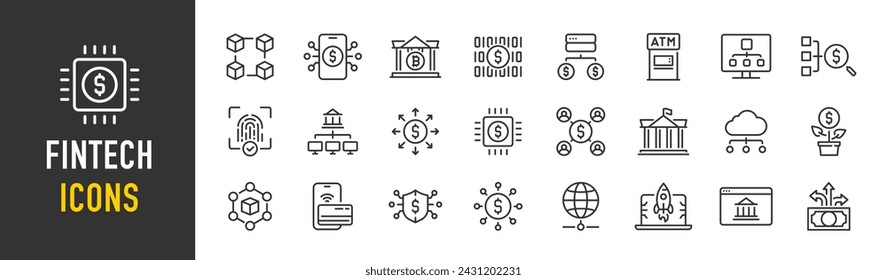 Iconos web de Fintech en estilo de línea. Banca digital, invetitech, fintech, criptomoneda, neobank, tecnología en la nube. Ilustración vectorial.