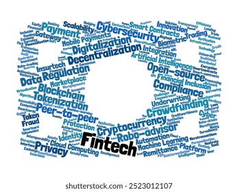 Fintech Word Cloud. Composition of Words Related to Financial Technology, Blockchain, and Digital Payments. Innovation and Security Concepts. Isolated Background.