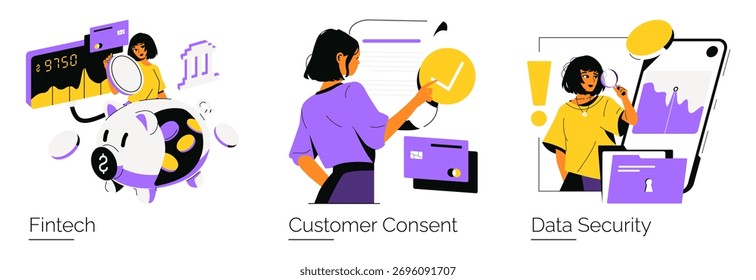 Fintech-themed vector illustration set highlights key concepts: financial technology with a piggy bank, customer consent through data interaction, and data security emphasizing privacy protection.