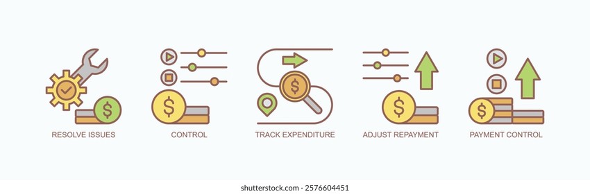 Fintrack Icon Set Isolated Vector With Icon Of Resolve Issues, Control, Track Expenditure, Adjust Repayment, Payment Control In Outline Color Style