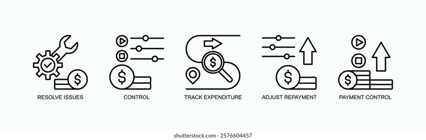 Fintrack Icon Set Isolated Vector With Icon Of Resolve Issues, Control, Track Expenditure, Adjust Repayment, Payment Control In Outline Style