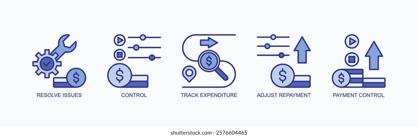 Fintrack Icon Set Isolated Vector With Icon Of Resolve Issues, Control, Track Expenditure, Adjust Repayment, Payment Control In Blue Style