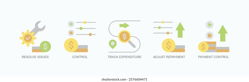 Fintrack Icon Set Isolated Vector With Icon Of Resolve Issues, Control, Track Expenditure, Adjust Repayment, Payment Control In Flat Style