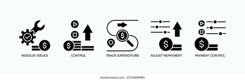 Fintrack Icon Set Isolated Vector With Icon Of Resolve Issues, Control, Track Expenditure, Adjust Repayment, Payment Control In Glyph Style