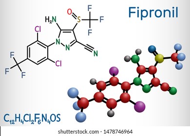 Fipronil, broad-spectrum insecticide molecule. It is used to fight ants, beetles, cockroaches, fleas, ticks, termites and other insect. Structural chemical formula and molecule model. 