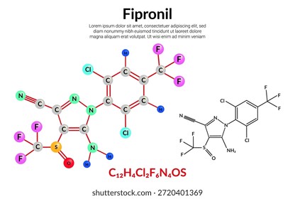 Fipronil, Insektizid, molekulare Strukturformel, Ball-and-Stick-Modell, geeignet für Ausbildung oder Chemie wissenschaftlichen Inhalt. Vektorgrafik
