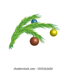 Fir branch adorned with multicolored balls. Vector illustration isolated on white background.