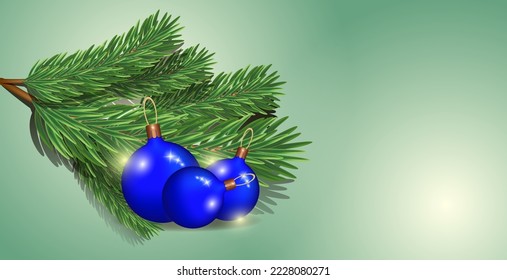 A fir branch with blue Christmas balls on an isolated background.  Template for text, design elements, places to copy, postcards, social networks, covers, banners. New Year and Christmas.
