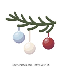 Rama de abeto con bolas de Navidad azul, blanco y rojo